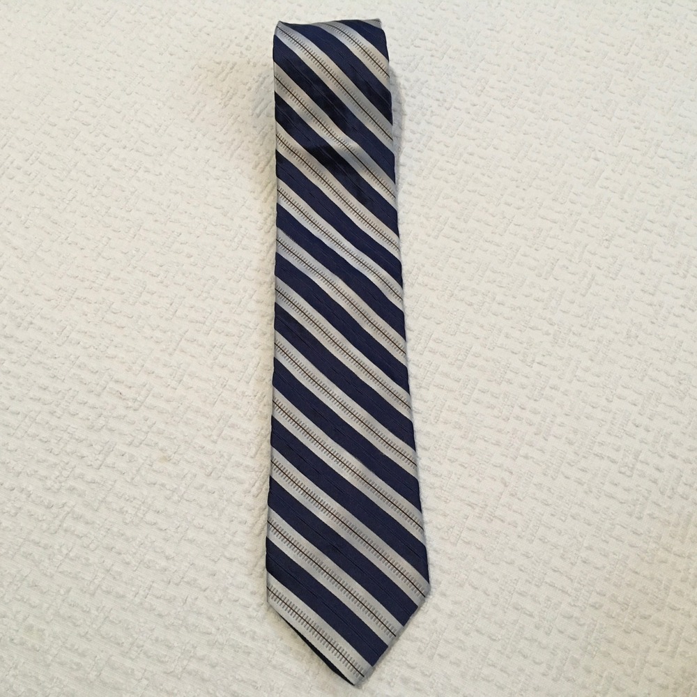IKE BEHAR NEW YORK  Tie‎ Silk Striped Navy Silver Railroad Pattern Hand Tailored